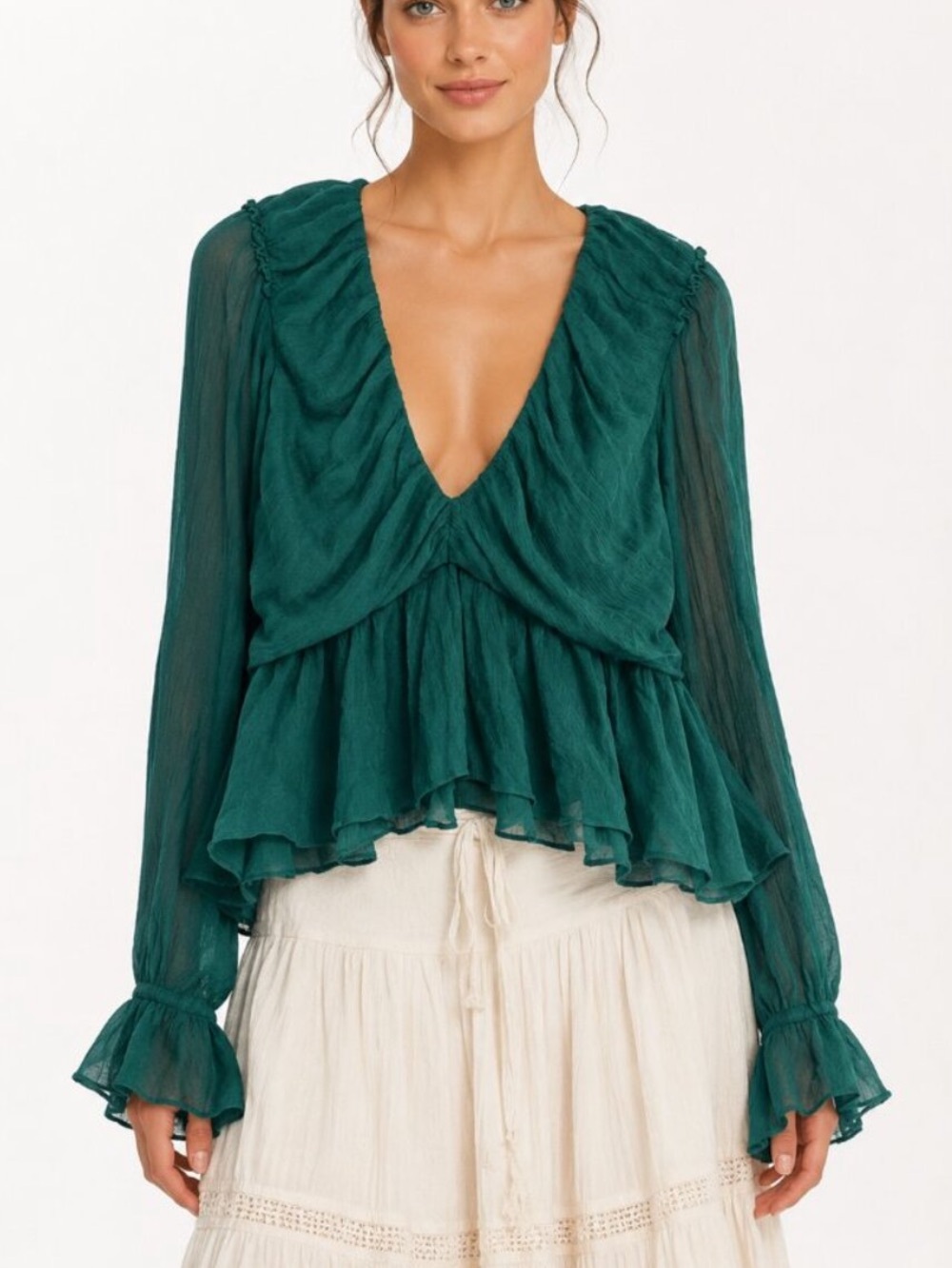 Free People Emerald Green long sleeve blouse with V-neck